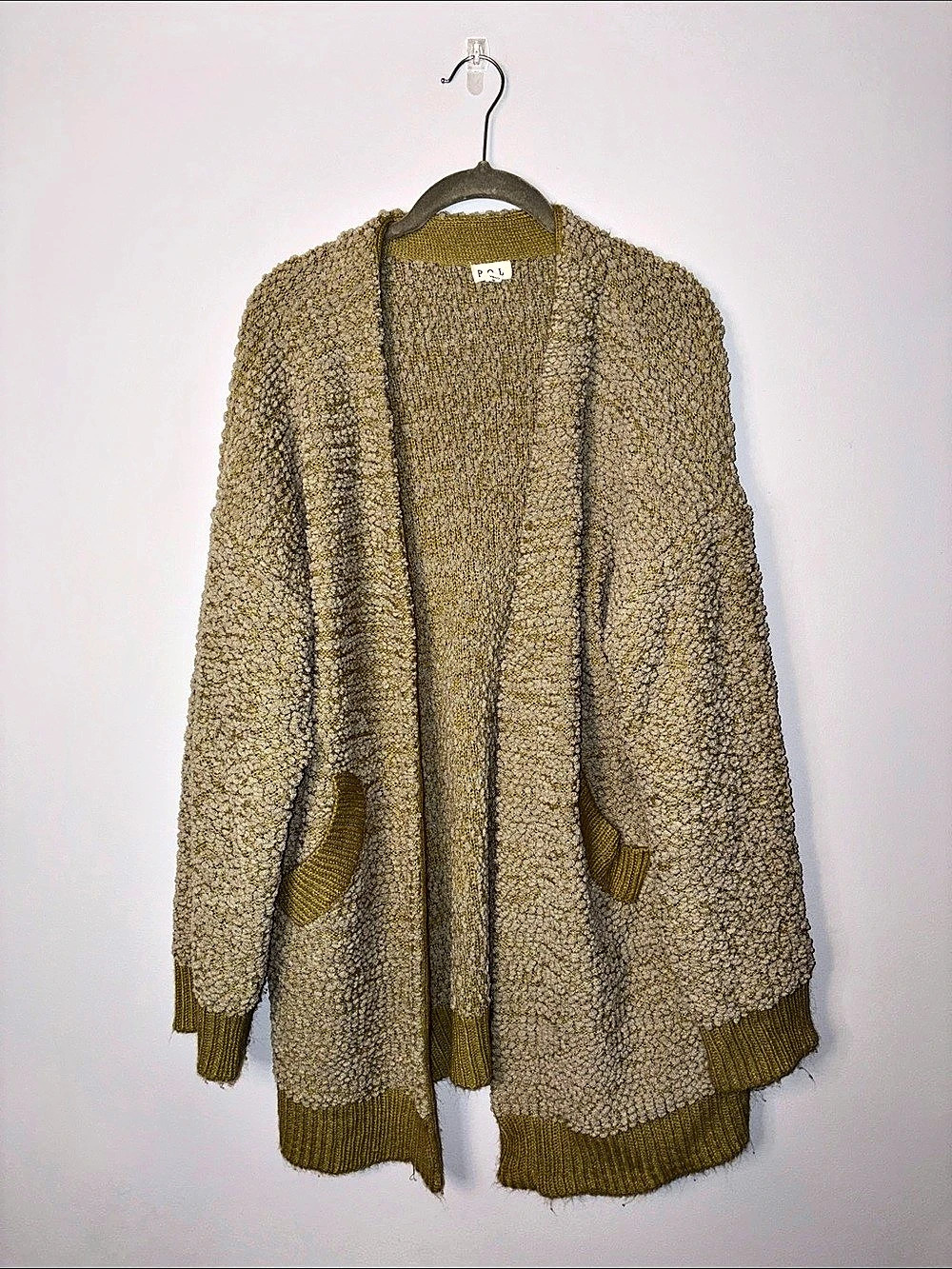 POL Textured Open Front Cardigan in Green Size Medium